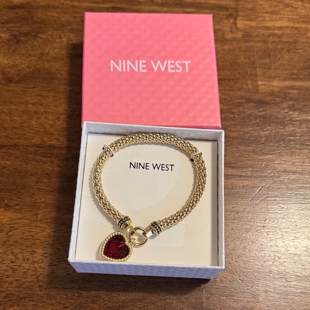 Nine West -Gold stretch Bracelet with Red Heart Accent
